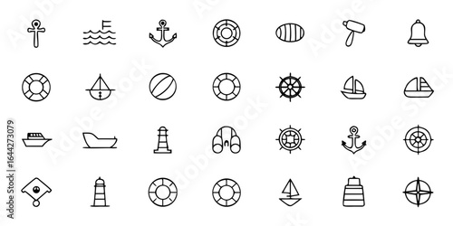 Nautical Elements Icon Pack – Minimalist Line Art Anchor, Ship Wheel, Lighthouse, Life Buoy, Sailboat, Compass, Rope, and Maritime Equipment – Boating & Marine Navigation Vector Icons