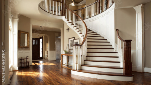 Elegant curved staircase with dark wood steps and white baluster spindles inside a bright home