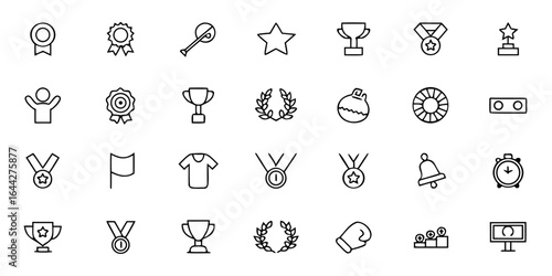 Sports Victory & Competition Icon Bundle – Minimalist Line Art Medals, Trophy, Laurel Wreath, Podium, Stopwatch, Championship Belt, Ribbon, and Athletic Symbols – Sports & Fitness Vector Icons