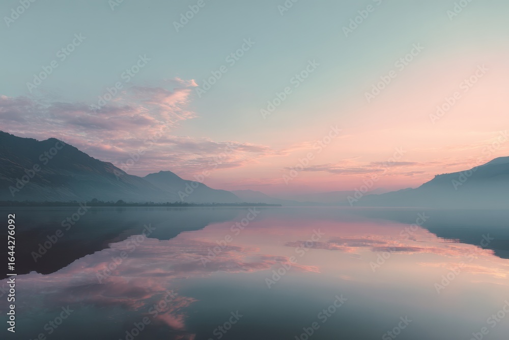 Obraz premium Serene lake surface reflecting soft morning light and pastel sky.