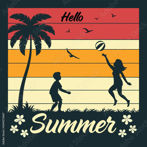 Vintage style graphic illustration of two people playing volleyball on a beach with a palm tree and seagulls