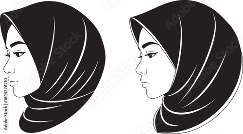 Vector art of profile of two muslim women wearing hijabs, isolated on white background