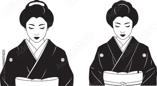 Vector art of two japanese women in traditional kimonos bowing, isolated on white background