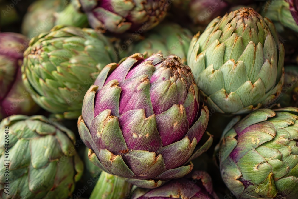 Fototapeta premium Vibrant Closeup of Fresh Artichokes at a Farmers Market with Healthy Green Vegetables