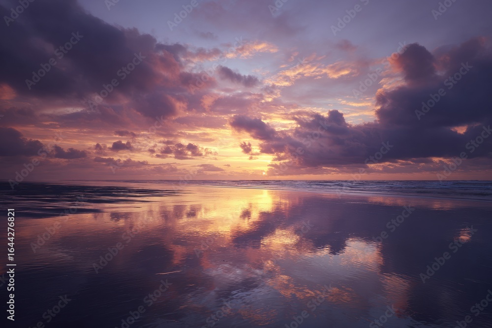 Naklejka premium Serene sunset over reflective wet sand on wide empty beach.