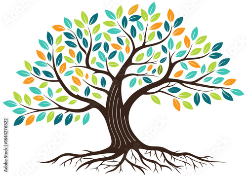 colorful tree of life illustration with rainbow leaves and roots isolated on white background