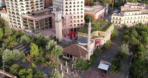 Aerial View of Tirana, Albania. Tirana's city center, highlighting Skanderbeg Plaza, Et'hem Bey Mosque, Skanderbeg monument square, Opera ballet Theatre and Giant Concrete Head Building