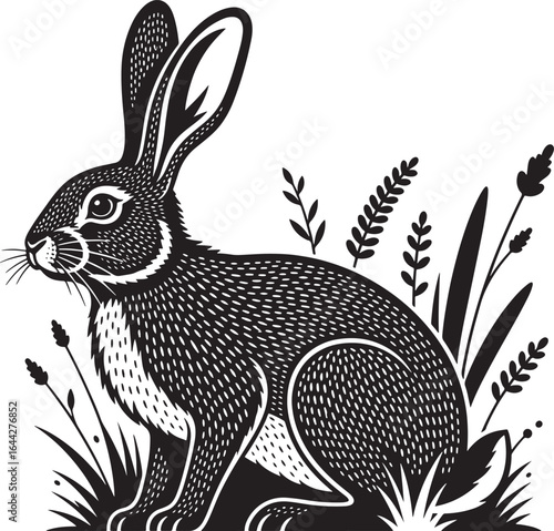 Vector art of black and white illustration of a rabbit sitting in grass