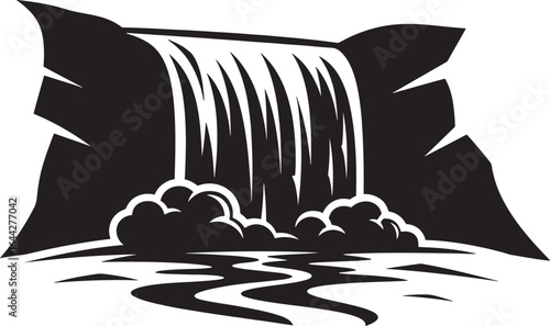 Vector art of black and white silhouette of a waterfall cascading over rocks isolated on white background