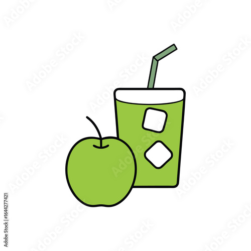 Refreshing green apple juice with a dynamic ice splash and sliced fruit illustration