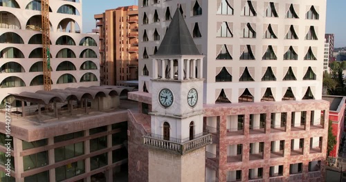 Aerial View of Tirana, Albania. Tirana's city center, highlighting Skanderbeg Plaza, Et'hem Bey Mosque, Skanderbeg monument square, Opera ballet Theatre and Giant Concrete Head Building