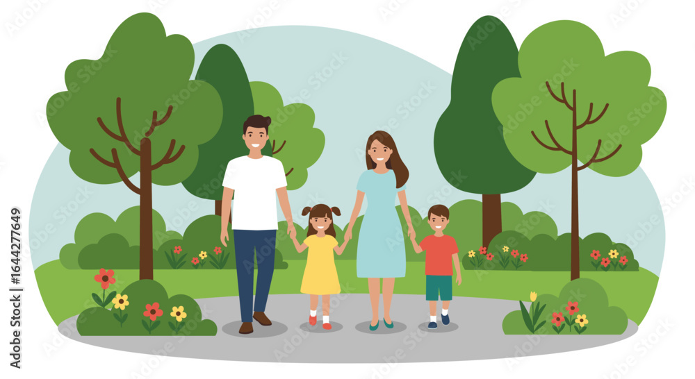 Fototapeta premium Family walking together in park holding hands happily now