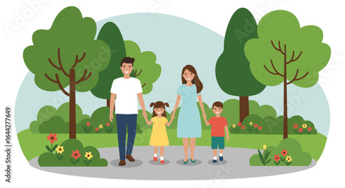 Family walking together in park holding hands happily now