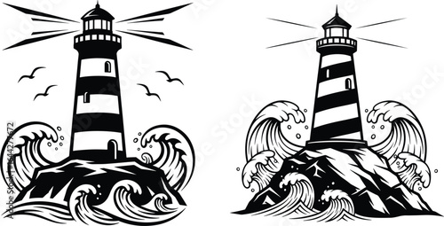 Vector art of lighthouse on a rocky outcrop with waves crashing, isolated on white background