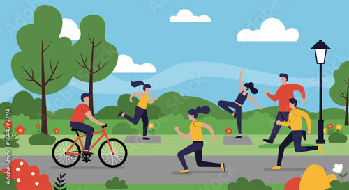 People exercising in a park with trees and a blue sky view