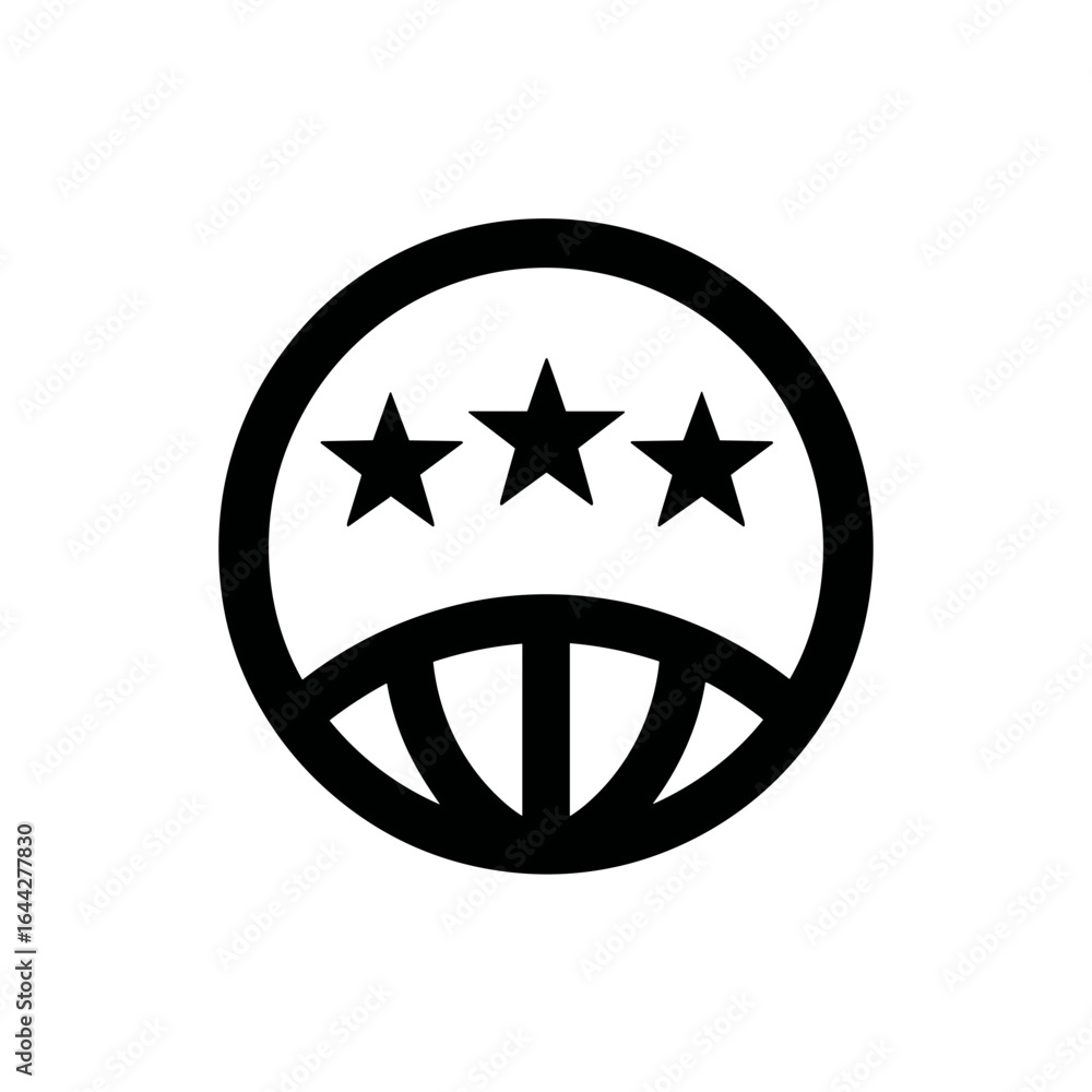 Circular icon with three stars above stylized globe grid in bold outline.
Circular icon with three stars above stylized globe grid in bold outline.