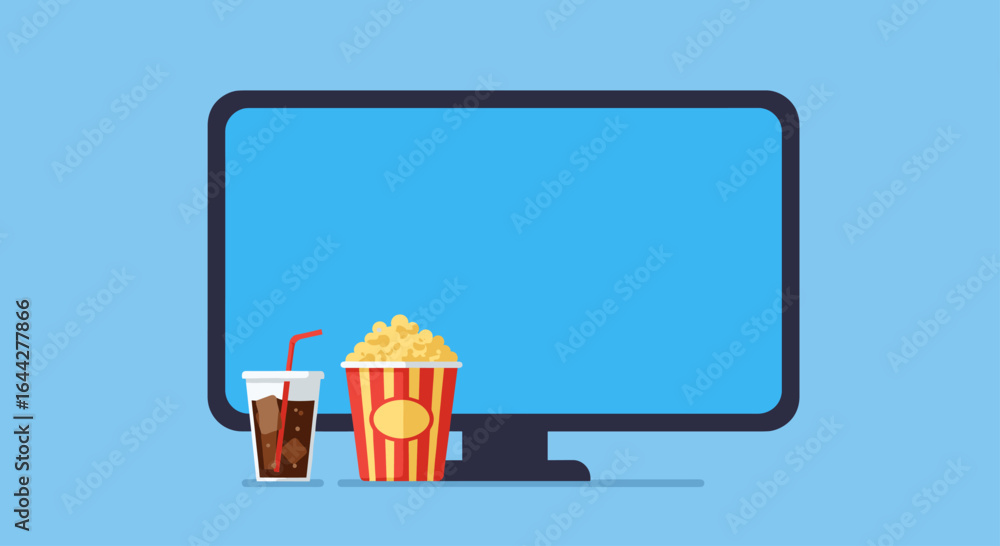 Fototapeta premium Television set with popcorn and a soda on a blue background