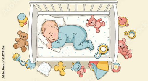 A baby sleeping in a crib surrounded by toys illustration