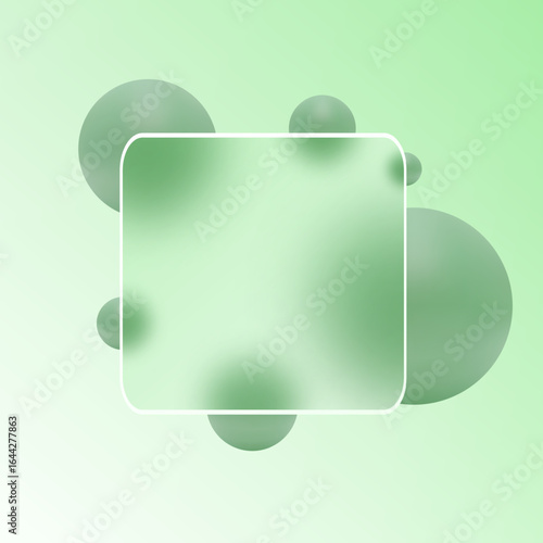 Fresh minimalist composition with green spheres and a matte square frame on a gradient background.