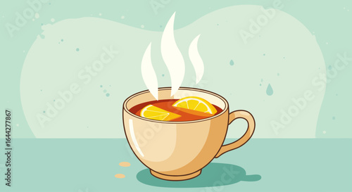 A steaming cup of tea with lemon slices on a light background