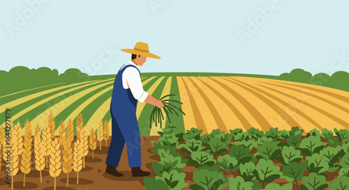 A farmer harvesting crops in a field on a sunny day scene