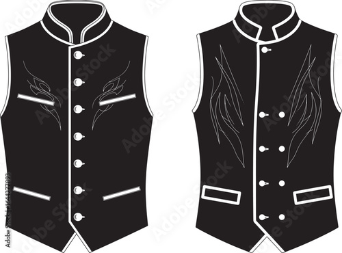 Vector art of black waistcoat with white trim and embroidery, isolated on white background