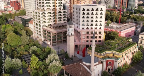 Aerial View of Tirana, Albania. Tirana's city center, highlighting Skanderbeg Plaza, Et'hem Bey Mosque, Skanderbeg monument square, Opera ballet Theatre and Giant Concrete Head Building