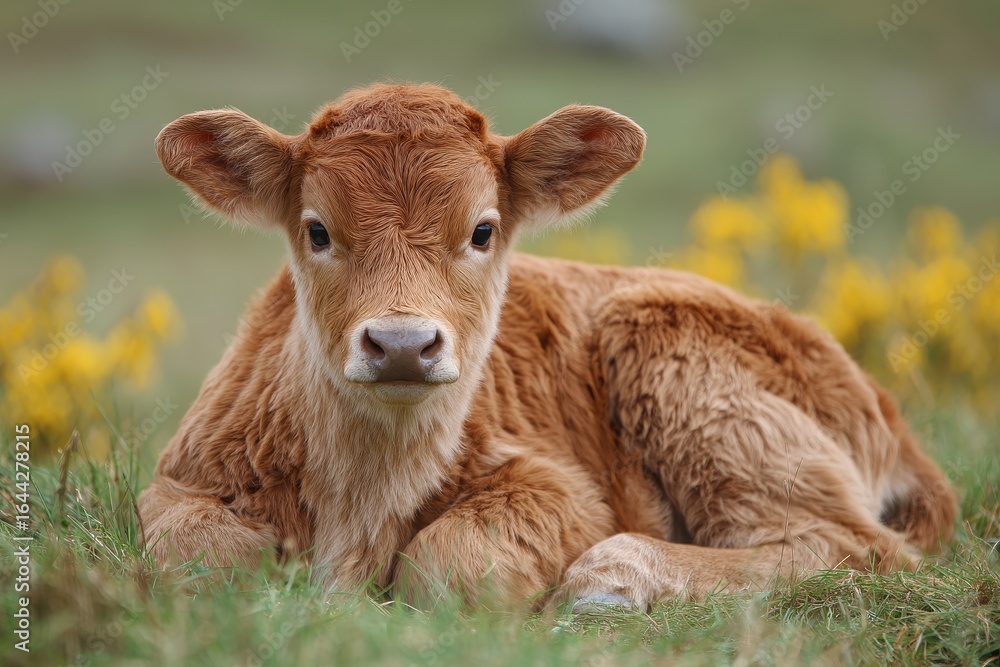 Adorable Newborn Calf in a Serene Meadow with Its Caring Mother Cattle Adorable Newborn Calf in a Serene Meadow with Its Caring Mother Cattle