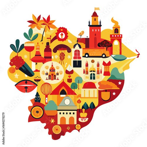 Stylized Spain Map Vector with Flamenco, Tapas, and Landmarks, Cultural Celebration Design