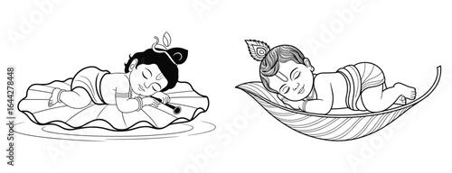 Baby Krishna Sleeping on Lotus Leaf and Leaf Hammock Line Art infant resting for janmashtami 2026