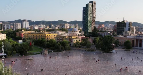 Aerial View of Tirana, Albania. Tirana's city center, highlighting Skanderbeg Plaza, Et'hem Bey Mosque, Skanderbeg monument square, Opera ballet Theatre and Giant Concrete Head Building