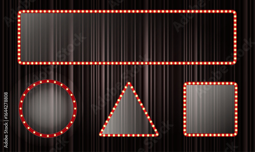Brightly lit marquee shapes grace a dark backdrop. Circular, triangular, rectangular, and square forms are outlined with light bulbs, creating a vibrant atmosphere suitable for performances