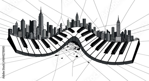 Surreal urban piano landscape with city skyline