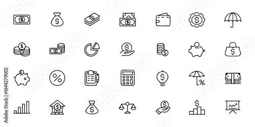 Finance & Money Management Glyph Icon Pack – Minimalist Line Art Dollar, Credit Card, Wallet, Bank, Calculator, Invoice, Budget, and Financial Symbols – Accounting & Banking Vector Icons