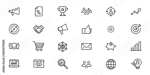 Title:
Marketing & Sales Glyph Icon Bundle – Minimalist Line Art Megaphone, Shopping Cart, Target, Analytics, Social Media, Email Marketing, Discounts, and Promotion Symbols