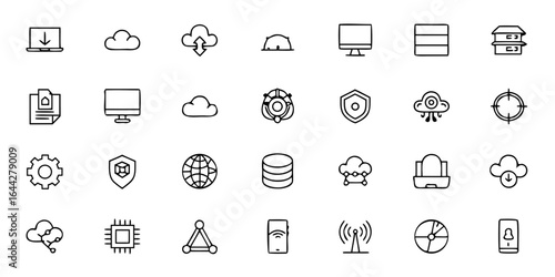 Business Technology & Digital Tools Glyph Icon Bundle – Minimalist Line Art Computer, Cloud Storage, Cybersecurity, Data Analytics, Software, AI, and IT Symbols – Tech & SaaS Vector Icons 