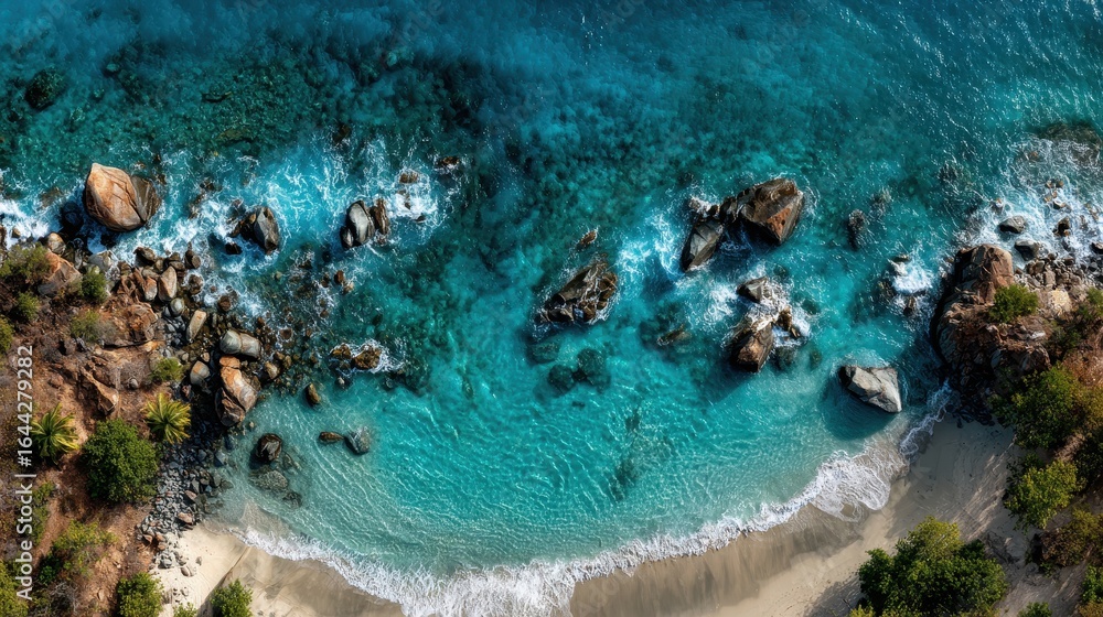 Fototapeta premium Aerial View of Tortola Island: Serene Overhead Ocean and Pristine Beaches in the British Virgin Islands