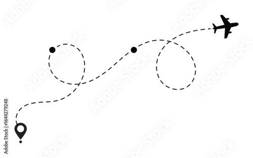 Airplane Route Map Dotted Line with Pin Location Marker Illustration .Airplane Silhouette Travel Dotted Path Map with Location Pins Vector .Routes with Curves and Map Location Markers