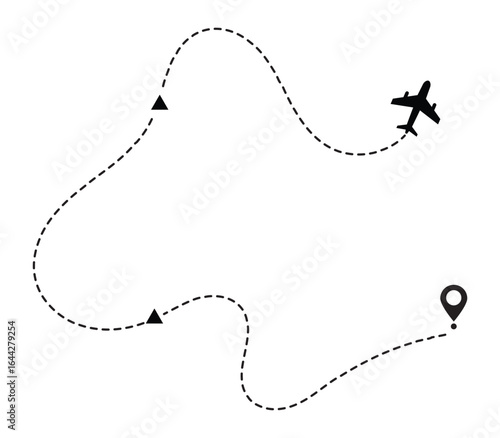 Airplane Route Map Dotted Line with Pin Location Marker Illustration .Airplane Silhouette Travel Dotted Path Map with Location Pins Vector .Routes with Curves and Map Location Markers