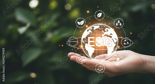 Esg concept with global icons in hand, representing environmental, social, and governance factors for sustainable business growth