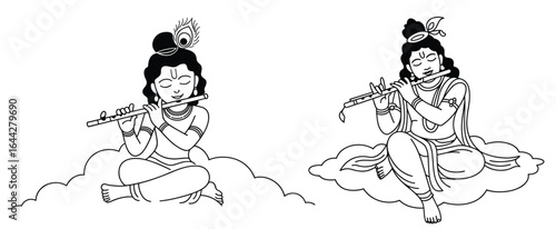 Lord Krishna Playing Flute Sitting on Clouds Line Art Vector Illustrations Hindu god for janmashtami 2026