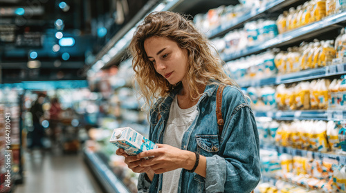 young woman holding milk pack near grocery shelf in dairy department of supermarket, buyer, client, store, buy food, hypermarket, grocery store, shop, shopping