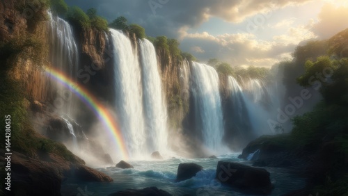 Majestic waterfall with rainbow