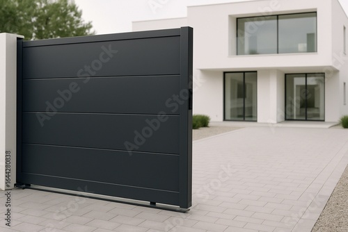 Modern sliding gate opening to contemporary suburban home