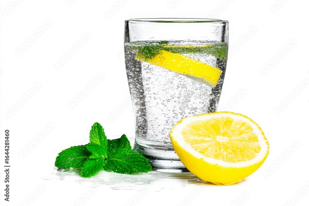 Fototapeta premium A refreshing drink with lemon, mint, and sparkling water, perfect for a hot day.