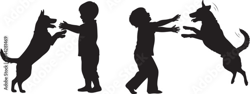 Vector art of two children playing with dogs, isolated on white background