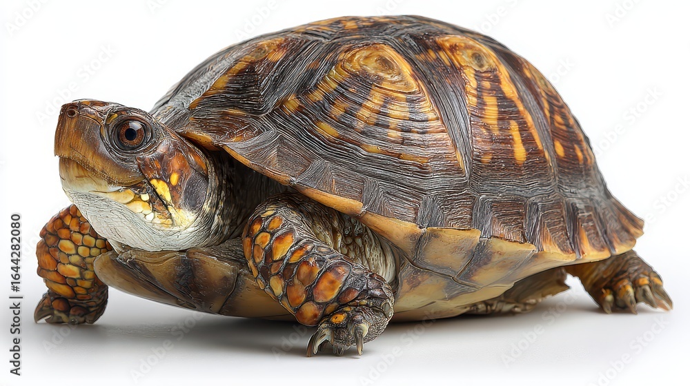 Fototapeta premium Box Turtle on a Crisp White Canvas: A Close-Up of Nature's Reptile, Showcasing Its Shell and Eye