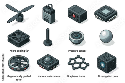 Cooling magnetically navigation nanobot frame nano icon ai vector micro drone