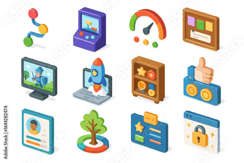 Learning vector interactive screen icons panel game mission path story quiz gamified
