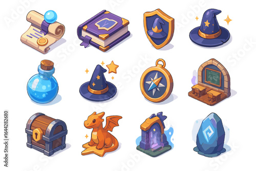 Vector wizard gamified fantasy enchanted magic icon learning quest hat quiz book